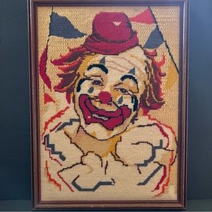 Vintage Cross Stitch Clown Picture Mid Century Framed 14,5x19,5”